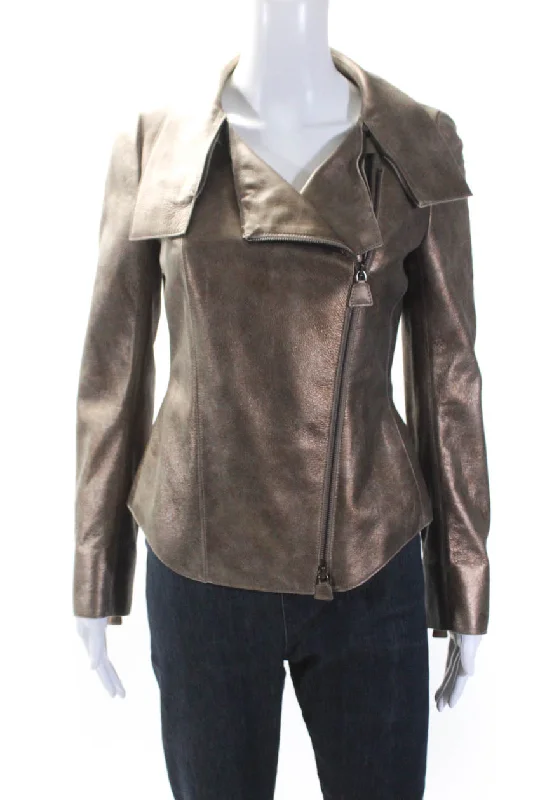 Akris Womens Long Sleeve Front Zip Collared Metallic Leather Jacket Brown