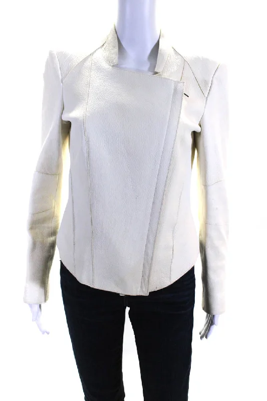 Helmut Lang Womens Front Zip Crew Neck Grain Leather Jacket White