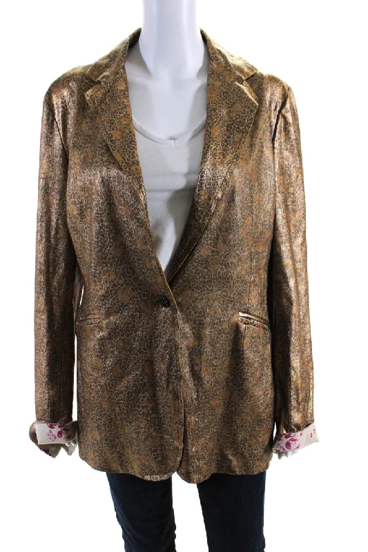 Imp Of The Roses Womens Grace Metallic Leopard Print Leather Jacket Gold Medium