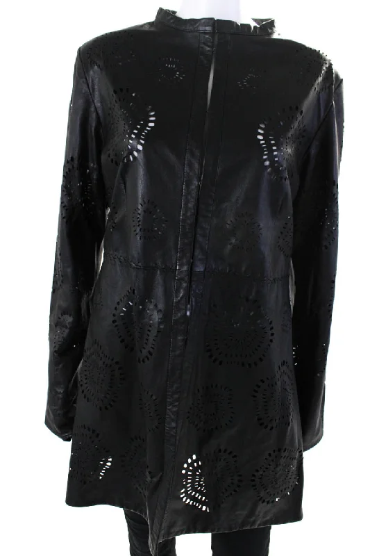 In Transit Womens Laser Cut Leather High Neck Hook & Eye Jacket Black