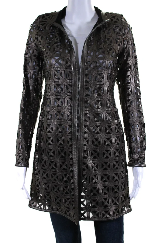 In Transit Womens Laser Cut Metallic Mesh Leather Jacket Brown Black