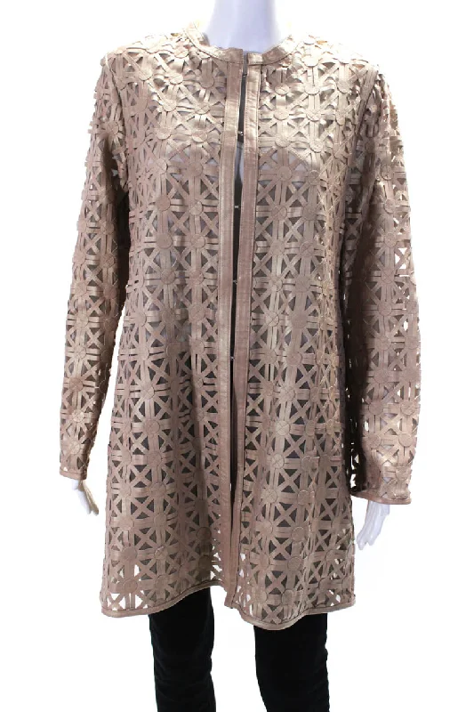 In Transit Womens Metallic Laser Cut Leather Mesh Hook & Eye Jacket Beige XL