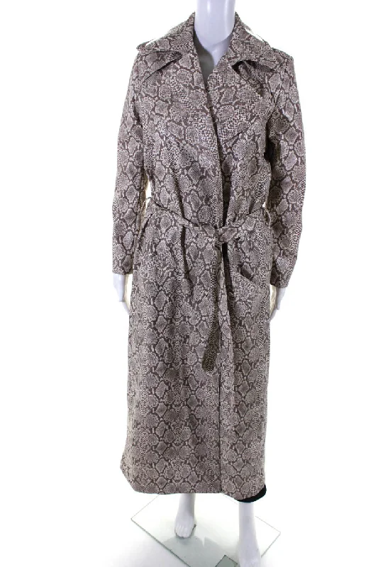 Michael Lo Sordo Women Faux Leather Snakeskin Print Belted Overcoat Brown