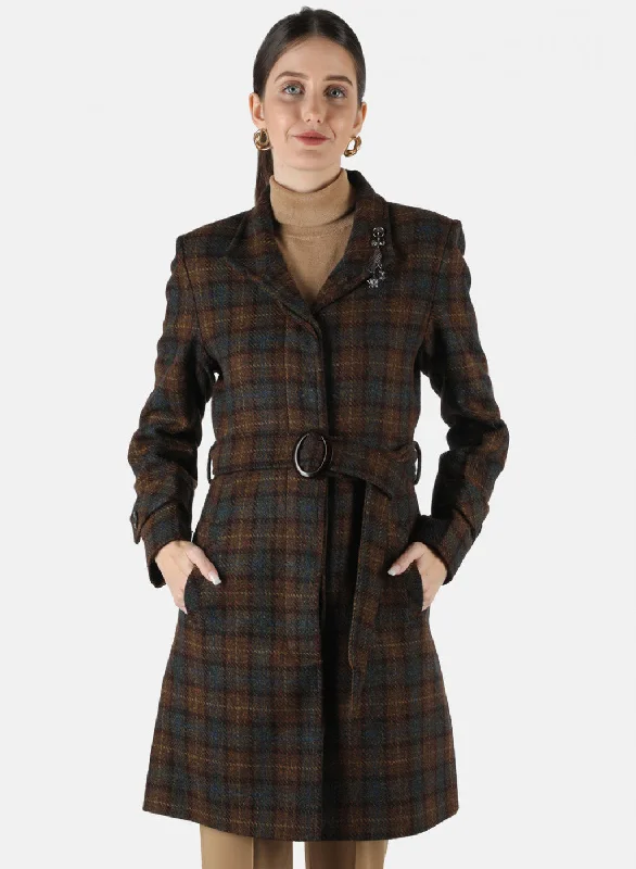 Women Brown Check Coat