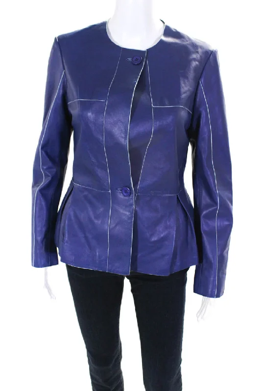 Ramala Womens Leather Button Down Pleated Jacket Indigo Blue