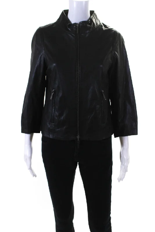 Vince Womens Black Full Zip Long Sleeve Leather Motorcycle Jacket