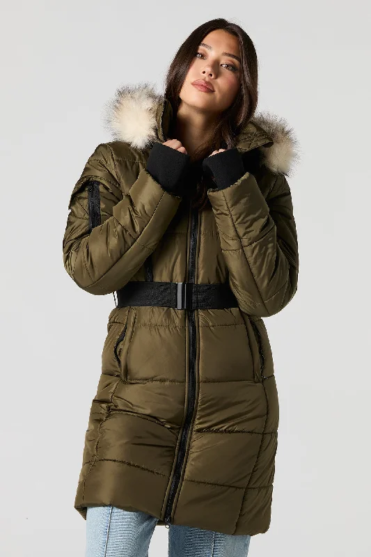 Longline Belted Faux Fur Hood Puffer Jacket