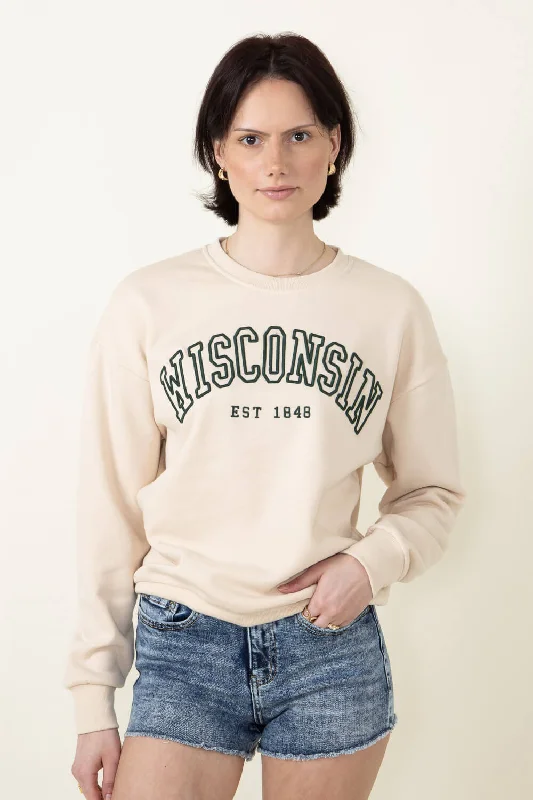 1897 Active Wisconsin Embroidered Sweatshirt for Women in Cream | GT080-WI-CREAMGREEN