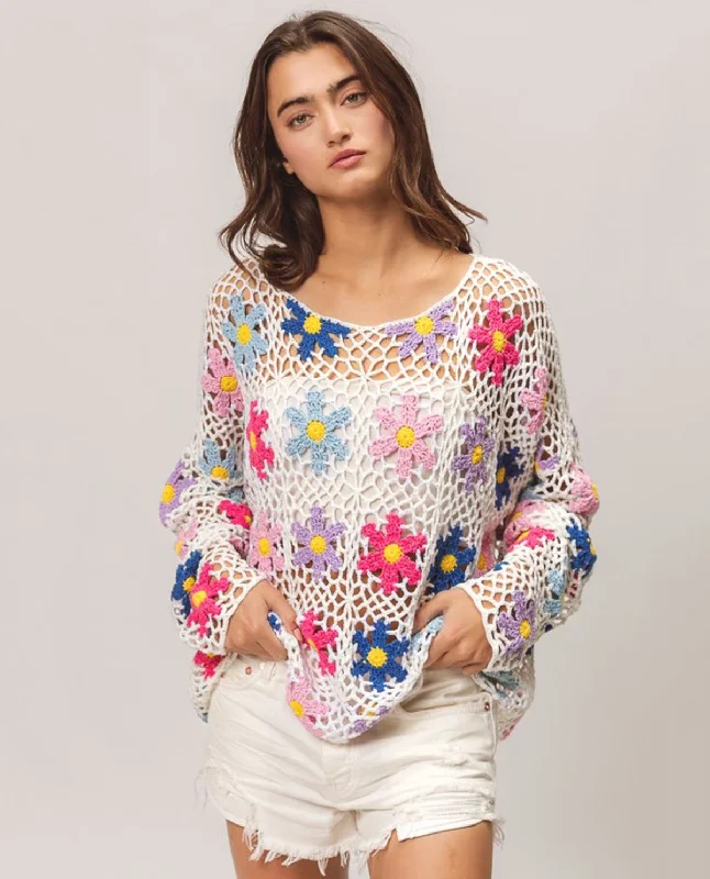 Multicolored Flowers Crochet Sweater