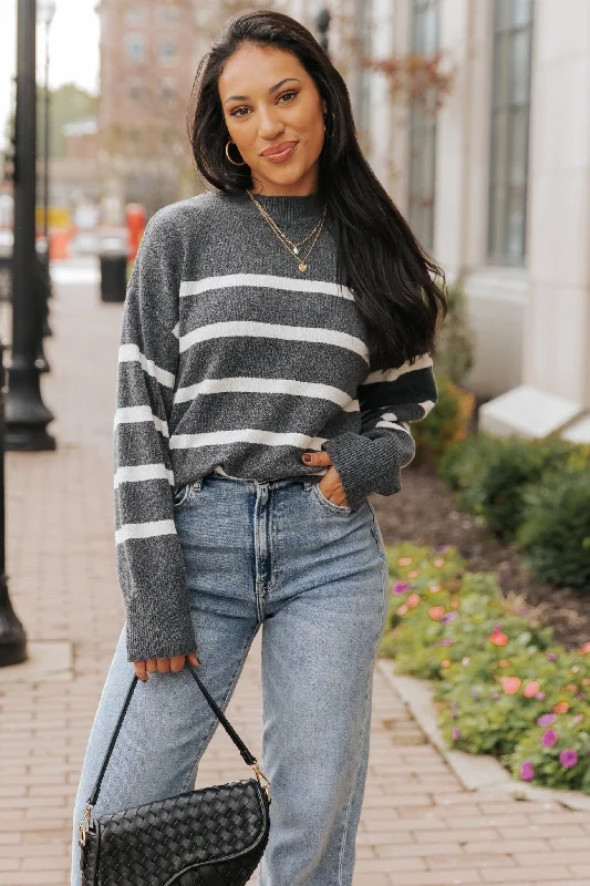 Charcoal and Cream Striped Pullover Sweater