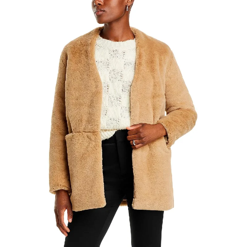 French Connection Womens Buona Midi Cold Weather Faux Fur Coat