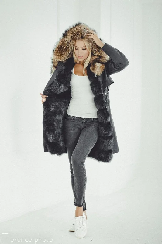 Fox Fur Parka Coat (Black)