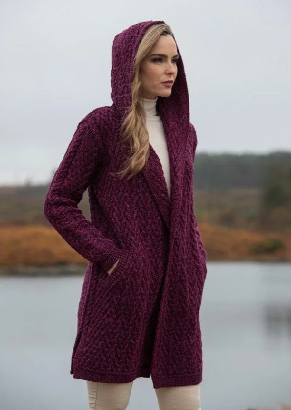 Shawl Hooded Aran Cardigan | Purple