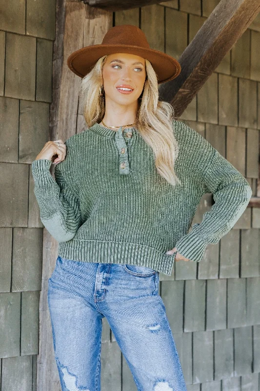 Olive Washed Henley Sweater