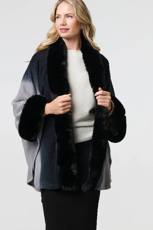 Faux Fur Trim Thigh Length Poncho