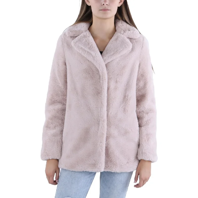 Tahari Womens Faux Fur Long Sleeve Overcoat