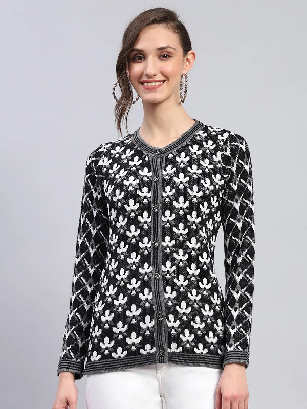 Women Black & White Self Design Round Neck Full Sleeve Cardigan