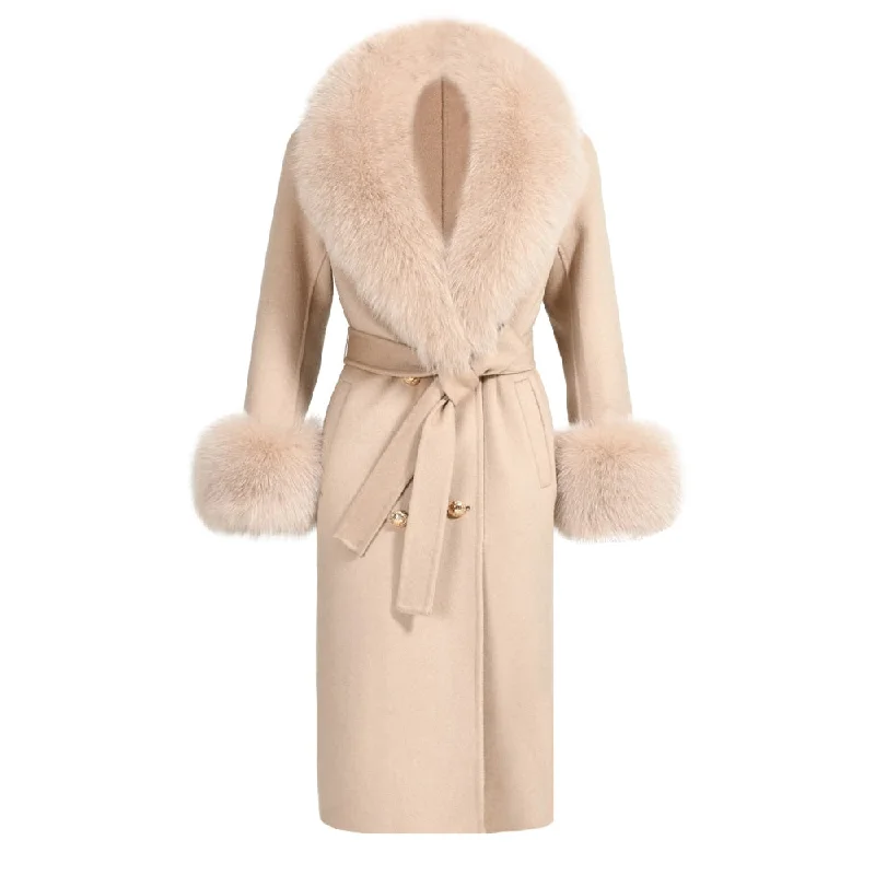 Women's Beige Double Faced Wool Real Fox Fur Collar Cuffs Winter Jacket