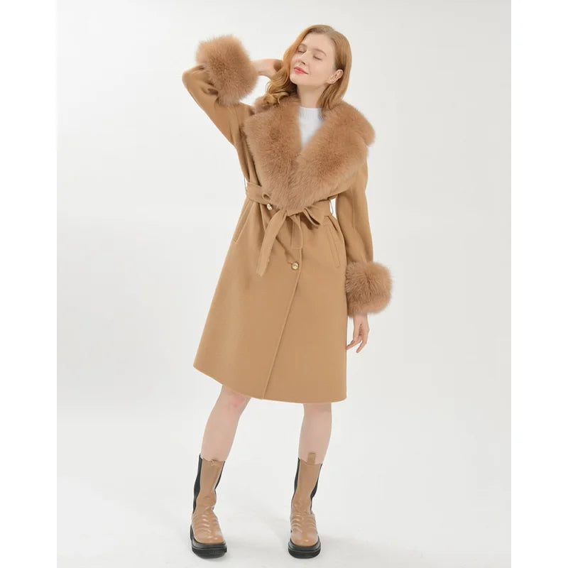 Women's Camel Brown Wool Real Fur Collar Cuffs Double Faced Winter Jacket