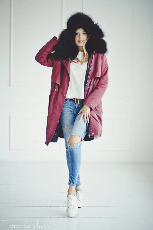 Raccoon Fur Parka Coat (Bordeaux)