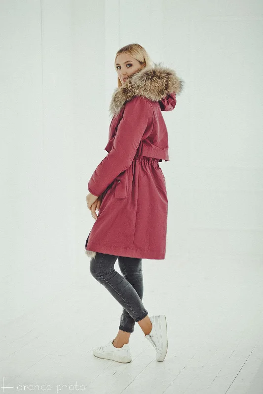 Raccoon Fur Parka Coat (Red)