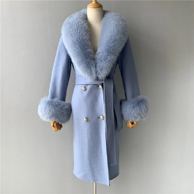 Women's Light Blue Winter Cashmere Wool Natural Fox Fur Collar Long Jacket