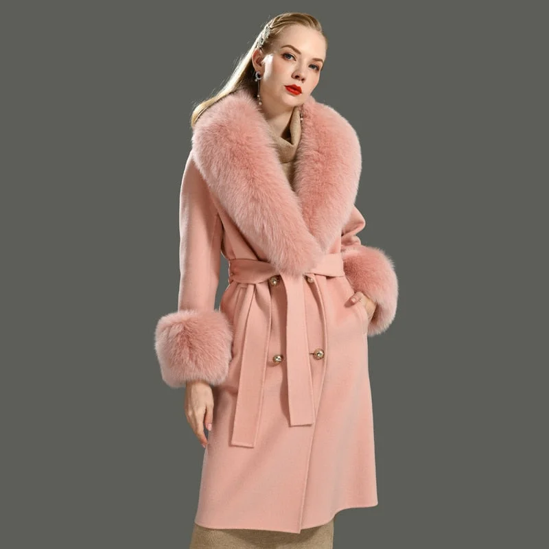 Women's Peach Cashmere Wool Natural Fox Fur Collar Long Winter Jacket