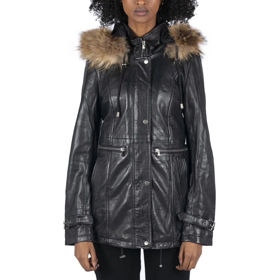 Women's Leather Parka Coat 3/4 Removable Hood Fur Button Cover Zipped