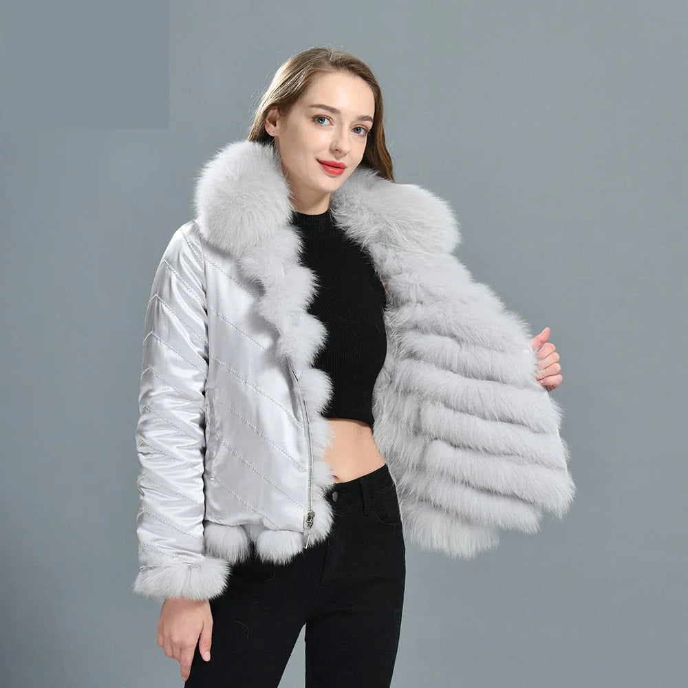 Women's Winter Solid Real Fox Fur Silk Liner Reversible Wear Zipper Jacket