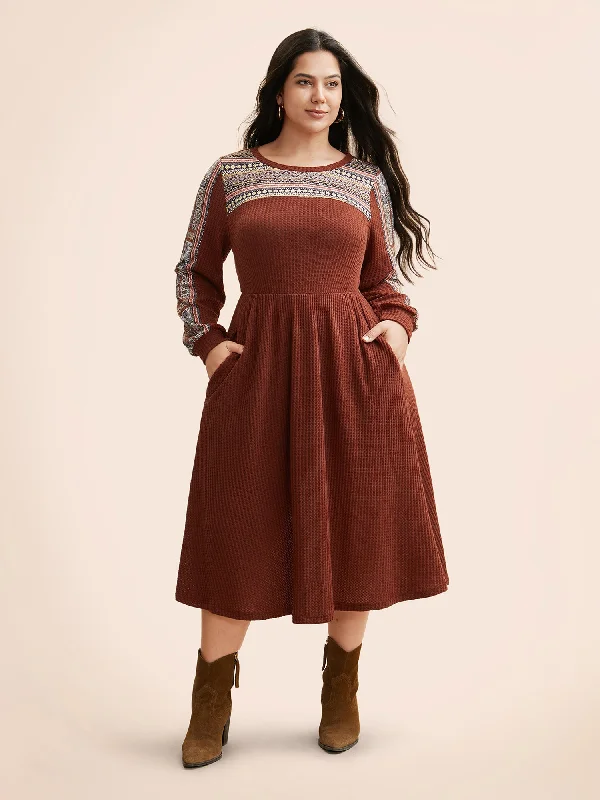 Bandana Patchwork Waffle Knit Midi Dress