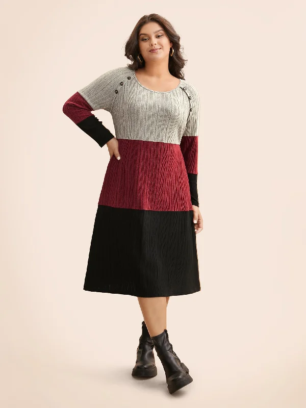 Contrast Patchwork Button Detail Raglan Sleeve Dress