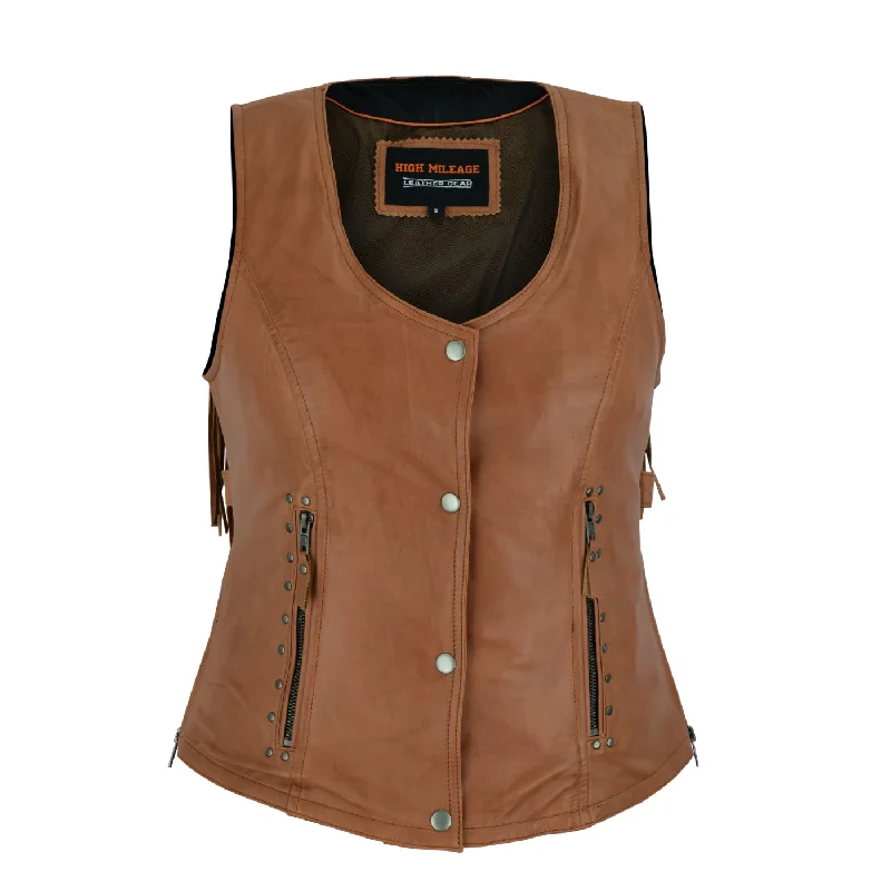 HML1104T Ladies Premium Brown Vest with Fringes and Rivets