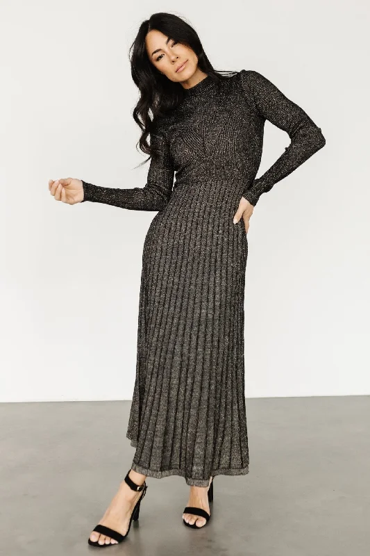 Jamelia Pleated Sweater Dress | Black + Gold