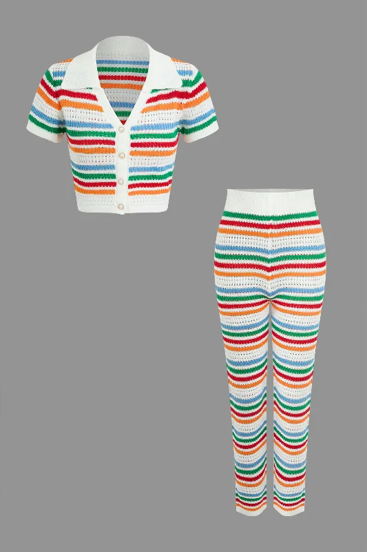 Striped Crochet Knit Top And Pants Set