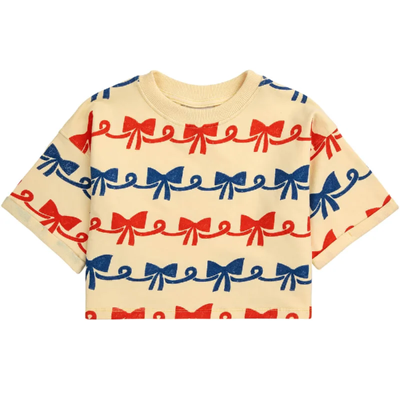 Ribbon Bow All Over Short Sleeve Sweatshirt in Light Yellow by Bobo Choses