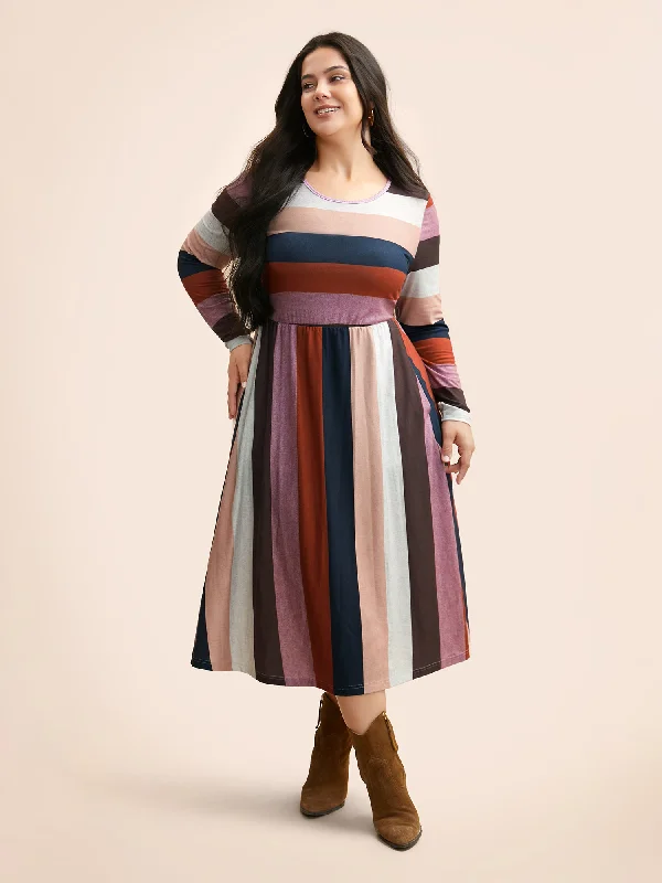 Striped Contrast Crew Neck Knit Dress