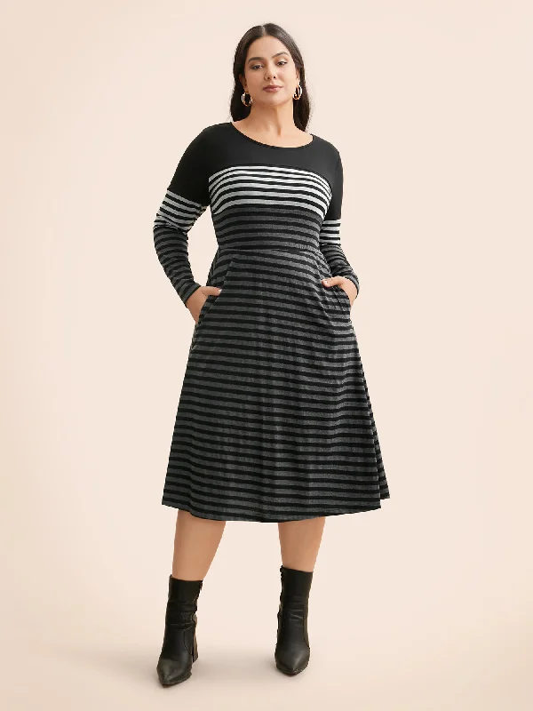 Striped Contrast Elastic Waist Midi Dress