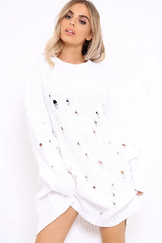 White Distressed Cable Knit Jumper Dress - Abea