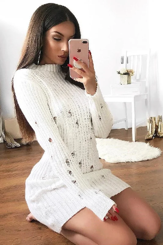 White Knit Distressed Jumper Dress - Cheryl