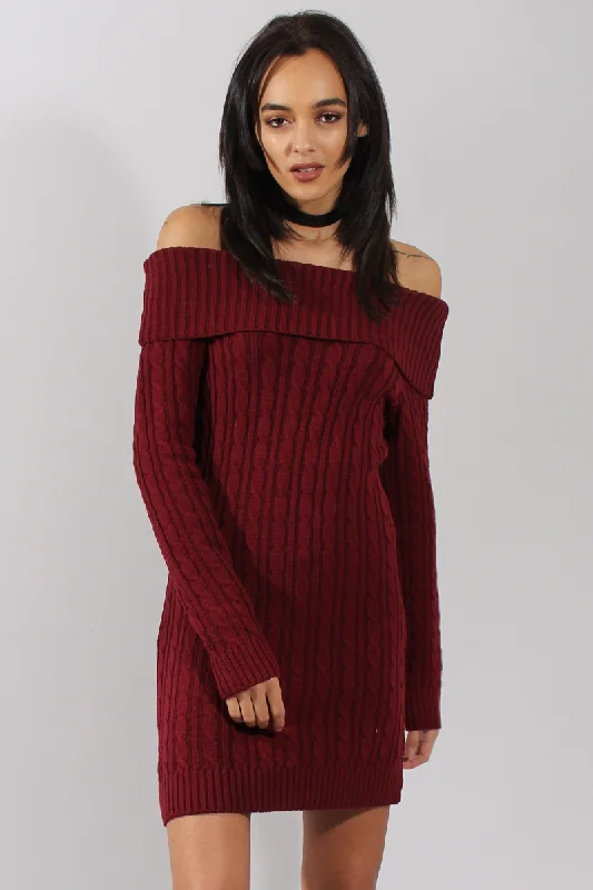 Wine Bardot Cable Knit Jumper Dress - Peeta