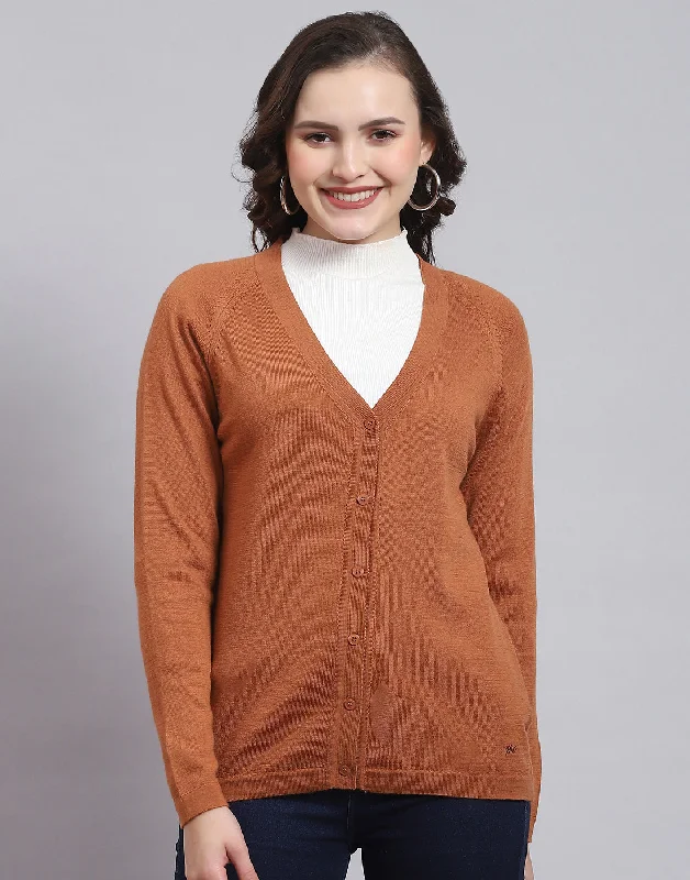 Women Brown Solid V Neck Full Sleeve Sweater