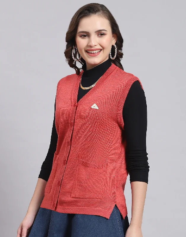 Women Red Solid V Neck Sleeveless Sweater