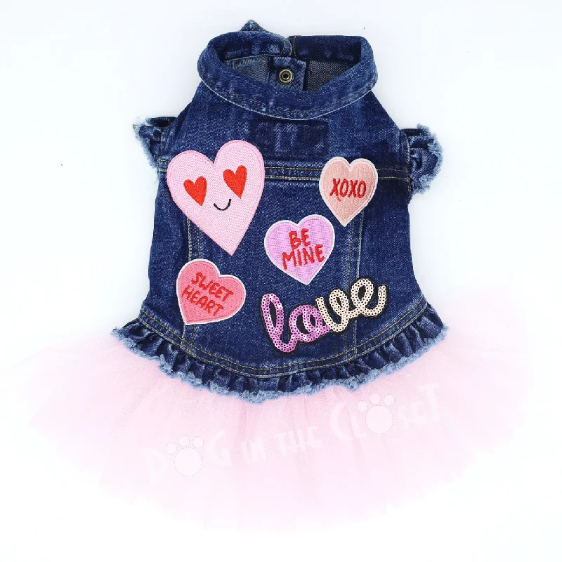 Candy Hearts Pink Denim Dog Jacket with Tutu