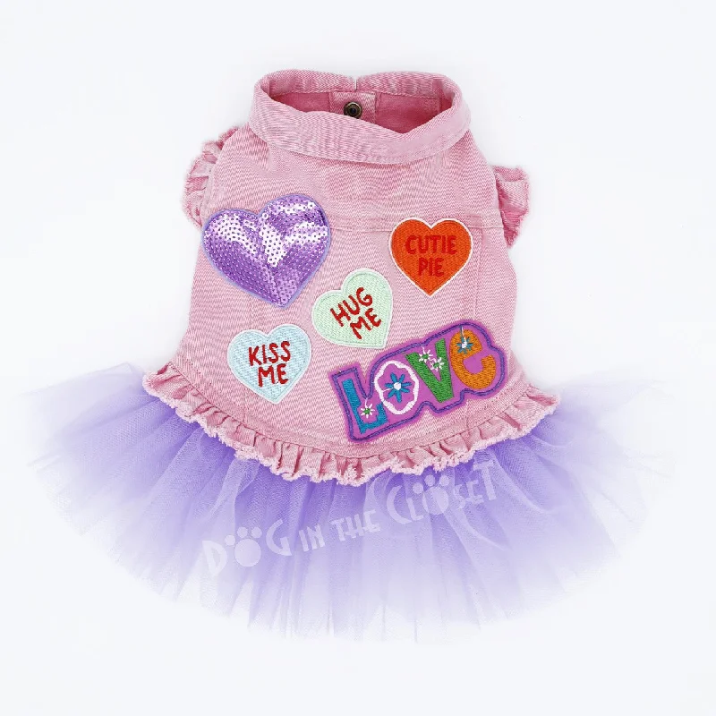 Candy Hearts Purple Denim Dog Jacket with Tutu